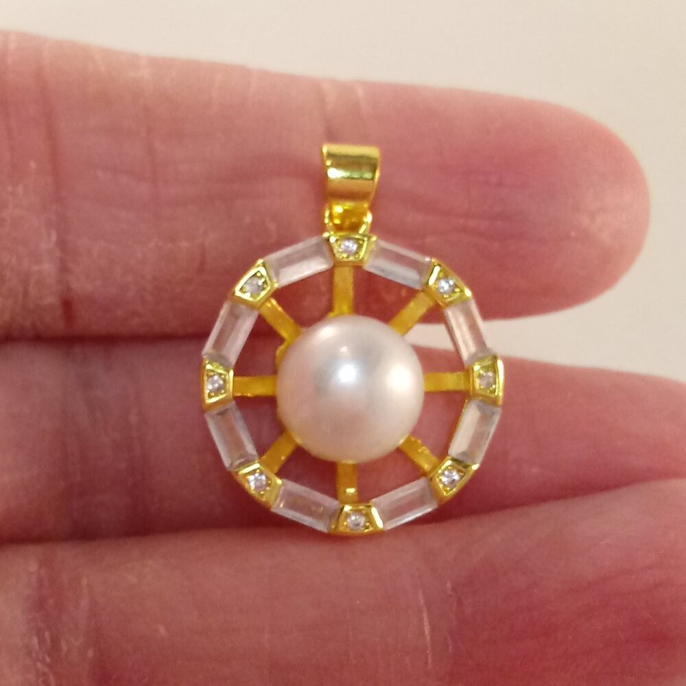 Gold 925 Silver Genuine White South Sea Pearl Diamond Zircon Necklace Pendant - Picture 5 of 8